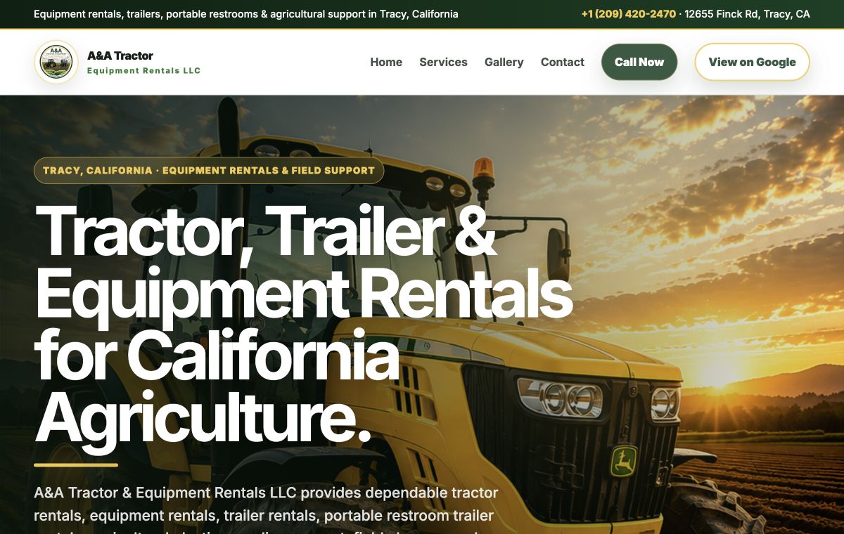 A and A Tractor and Equipment Rentals website homepage shown on desktop
