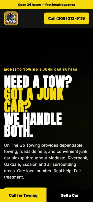 On The Go Towing website on mobile